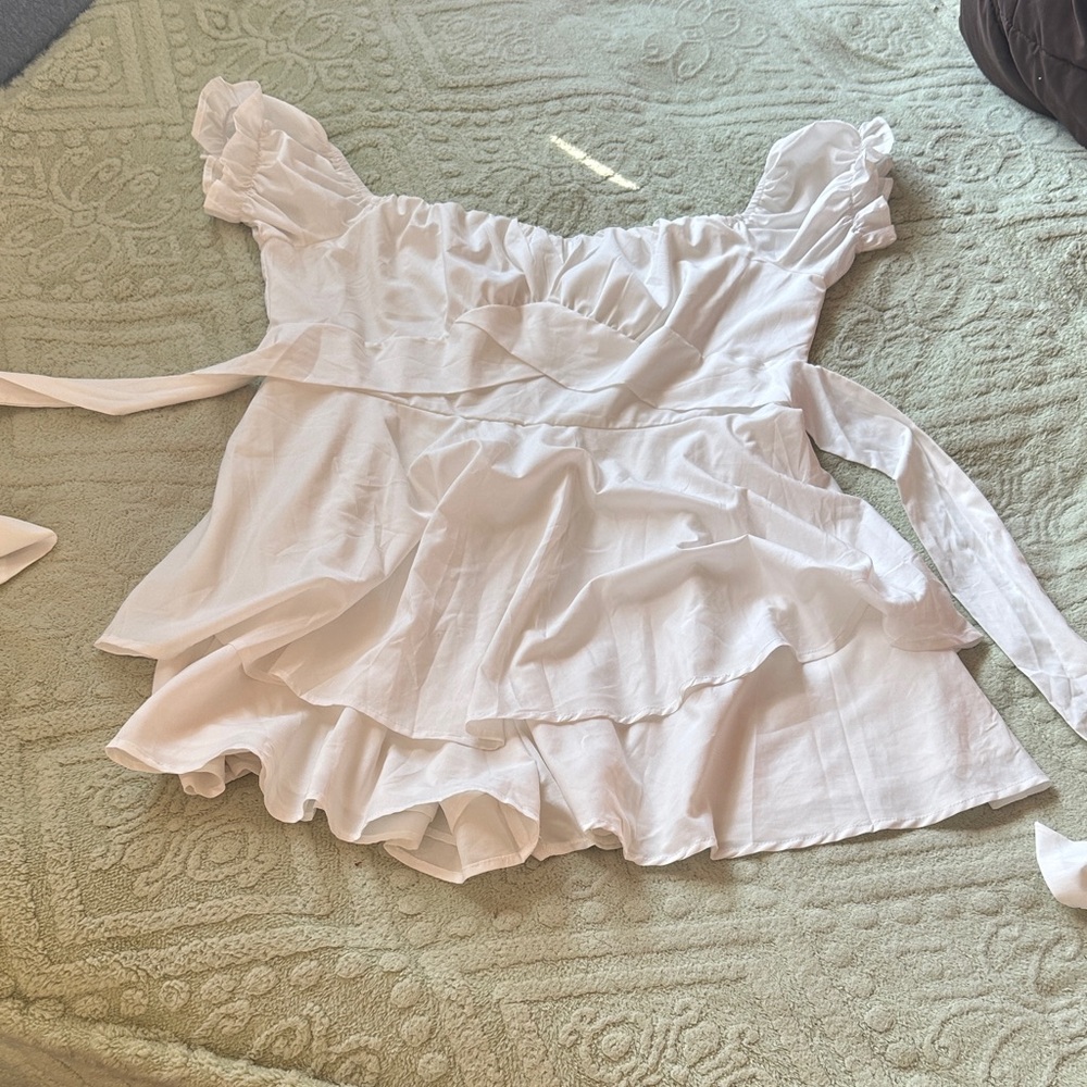 Womens White Ruffle Off-Shoulder Peplum Romper